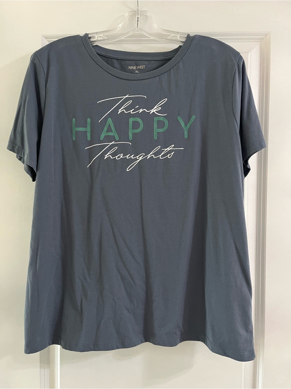 Nine West Slate Blue Graphic Tee with Green and White Script